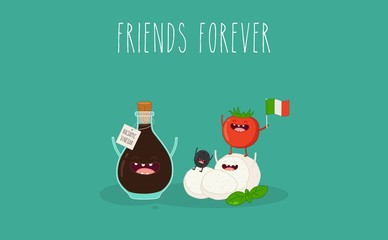 Balsamic vinegar in the bottle and mozzarella cheese. Comic characters. Vector cartoon.