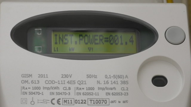 Lights blinking on modern electrical smart meter with digital display showing electricity consumption reading, time period etc