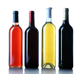 set of different wine bottles isolated on white background