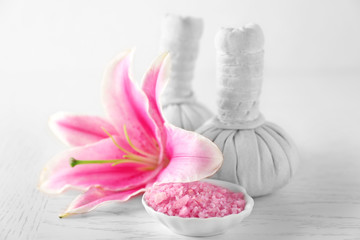 Beautiful spa composition on wooden table