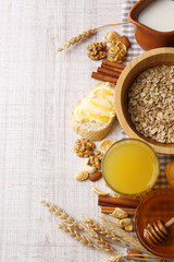 Healthy breakfast with bread, honey, nuts. Country breakfast concept