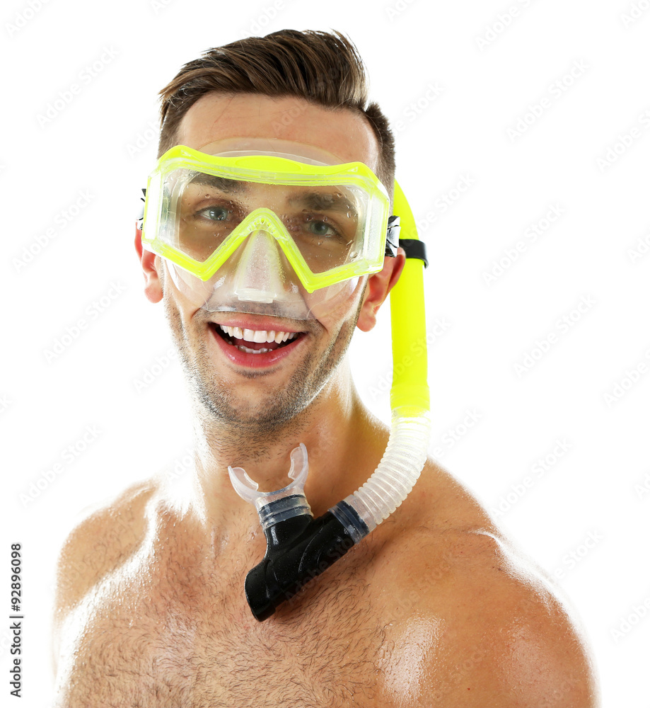 Wall mural Young man with swimming mask or goggles, isolated on white