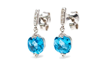 Isolated white gold aquamarine earrings with small diamonds