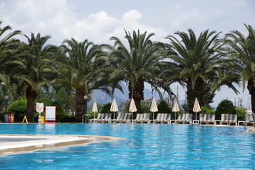 Fototapeta na wymiar Swimming pool and palm trees