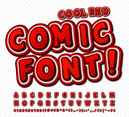Red-white high detail comic font, alphabet. Comics, pop art