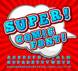 Red-white high detail comic font, alphabet. Comics, pop art