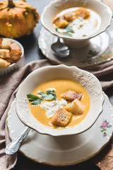 Served homemade pumpkin soup