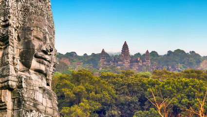 monument stone faces Angkor Wat, Siem Reap, Cambodia.