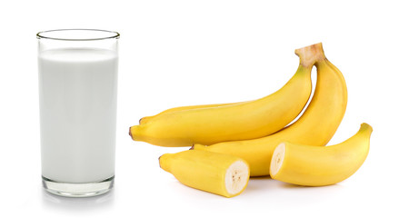fresh milk in the glass and banana on white background