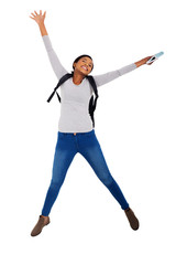 african college student jumping for joy
