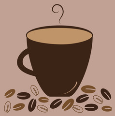 Hot Coffee with stem and coffee beans