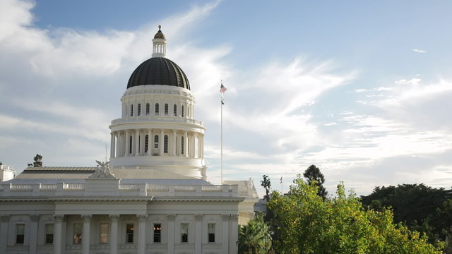 Pan left on the state capitol building in Sacramento, California.