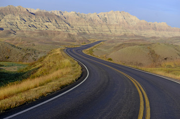 Badlands landscape, formed by deposition and erosion by wind and water, contains some of the richest fossil beds in the world, Badlands National Park, South Dakota, USA