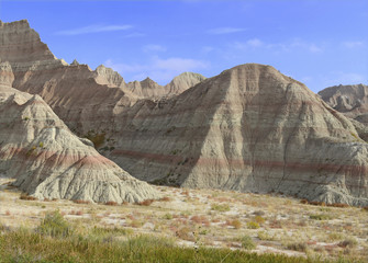 Badlands landscape, formed by deposition and erosion by wind and water, contains some of the richest fossil beds in the world, Badlands National Park, South Dakota, USA