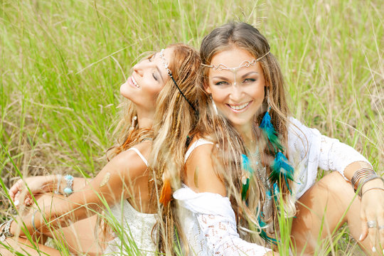 two happy hippie girls