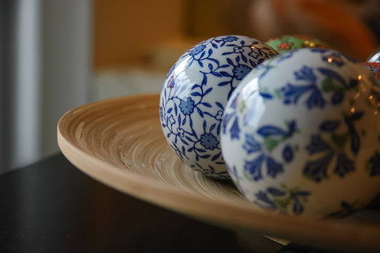 ceramic balls on wood plate for decorative with copy space