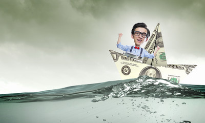 Naklejka premium Man in dollar boat