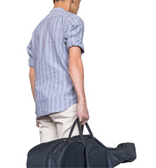 stylish young asian hipster man wear scott strip shirt, hold gui