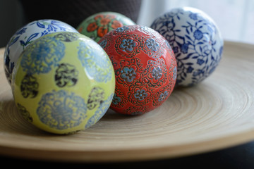ceramic balls on wood plate for decorative with copy space