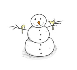 Snowman, a hand drawn vector illustration of a smiling snowman got visited by 2 cute birds.