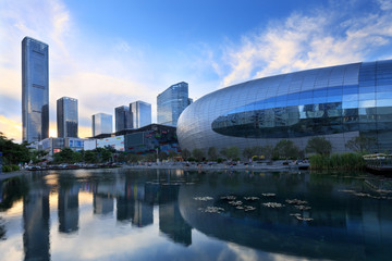 channel with skyscrapers aside