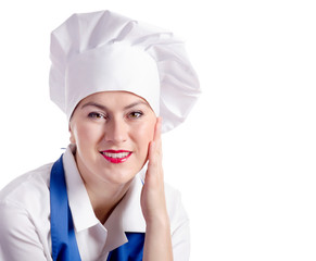 Smiling woman chef isolated on a white background
