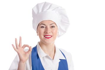 Smiling female chef isolated on a white background