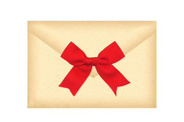 Letter envelope with red bow isolated on white