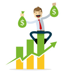 Vector of Businessman happy, sitting on a bar chart, holding two bags of money