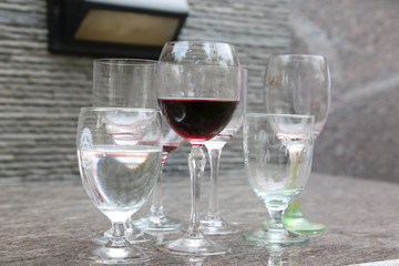 close up of Wine glass on the granite table from Side view
