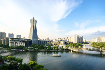 Obraz premium channel with skyscrapers aside