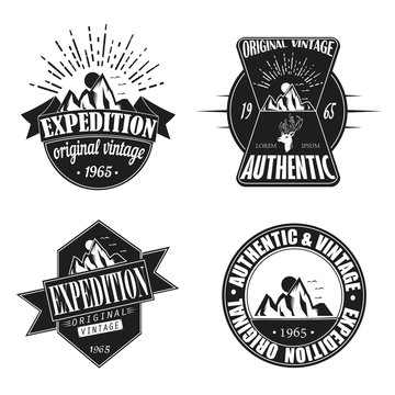 Adventure Tourism Travel Logo Vintage Labels design vector templates. Exploration Camping Badges Retro style logotype concept icons set.