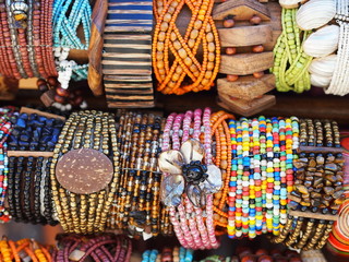 Group of colorful bead bracelets.