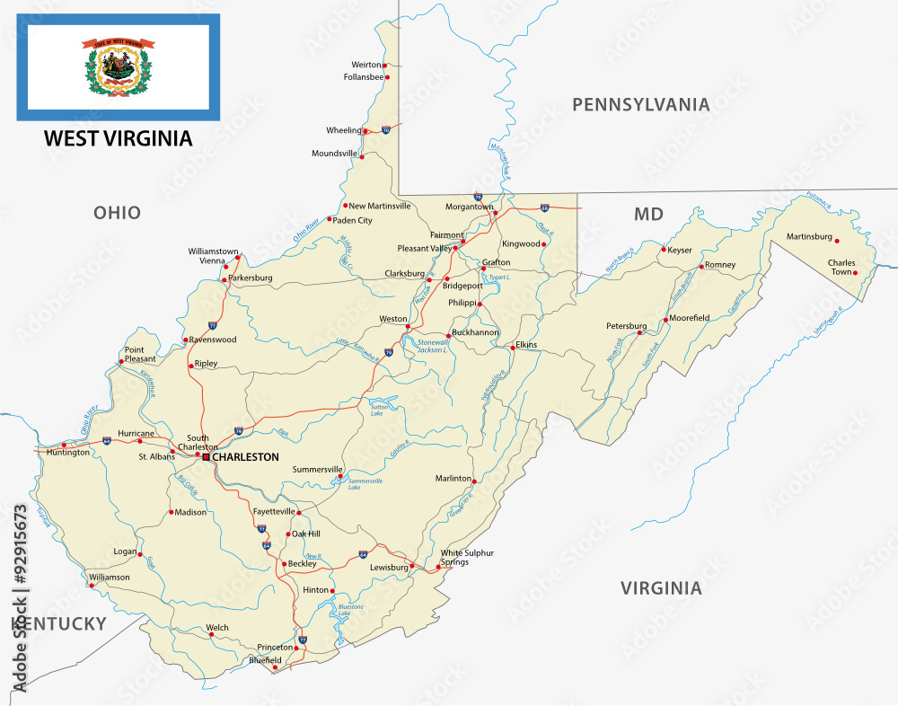 Wall mural west virginia administrative map with flag