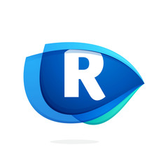 R letter logo with blue wing or eye.