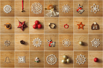 Christmas tree decorations collage on a wooden background.