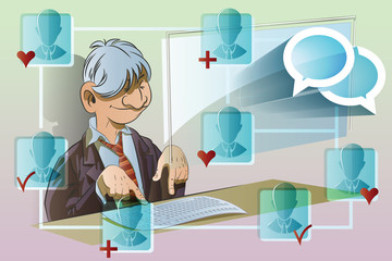 Vector stock illustration. Funny man at the computer. Communicat