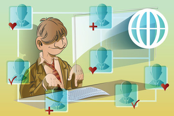 Vector stock illustration. Funny man at the computer. Communicat