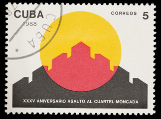Postage stamp printed in Cuba celebrates the anniversary of the assault on the Moncada barracks