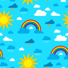 Sun, clouds and rainbow seamless pattern