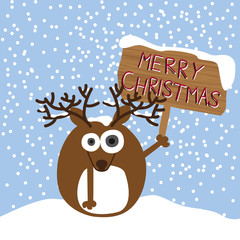 Reindeer holding up sign with christmas greeting. Vector design.