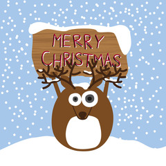 Reindeer holding up sign with christmas greeting. Vector design.