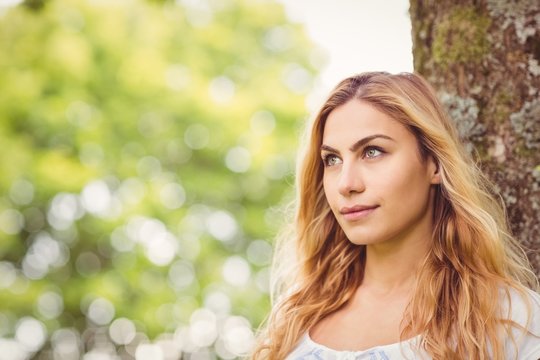 Beautiful woman looking away while standing by tree 
