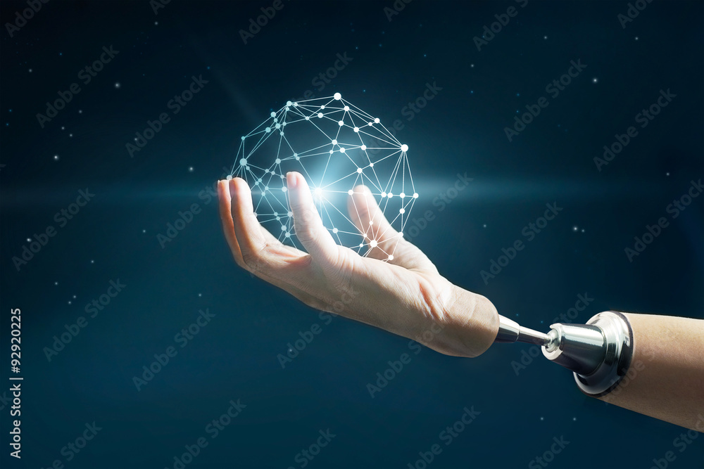 Poster Abstract science, circle global business network connection in robot hand