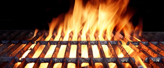 Hot Flaming BBQ Grill With Bright Flames And Glowing Coals