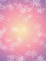 Purple pink and yellow shiny winter holidays background with white snowflakes.