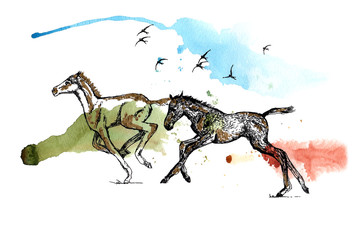 Two running foals, black and gold drawing on a yellow orange olive-green and blue watercolor splash background.