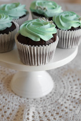 Homemade chocolate cupcake with turquoise rose frosting