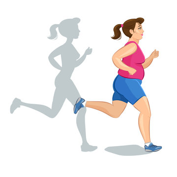 Active fat young jogging woman, loss weight cardio training. 