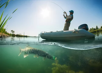 Foto auf Acrylglas Angeln Fischer mit Rute im Boot und Unterwasseransicht
